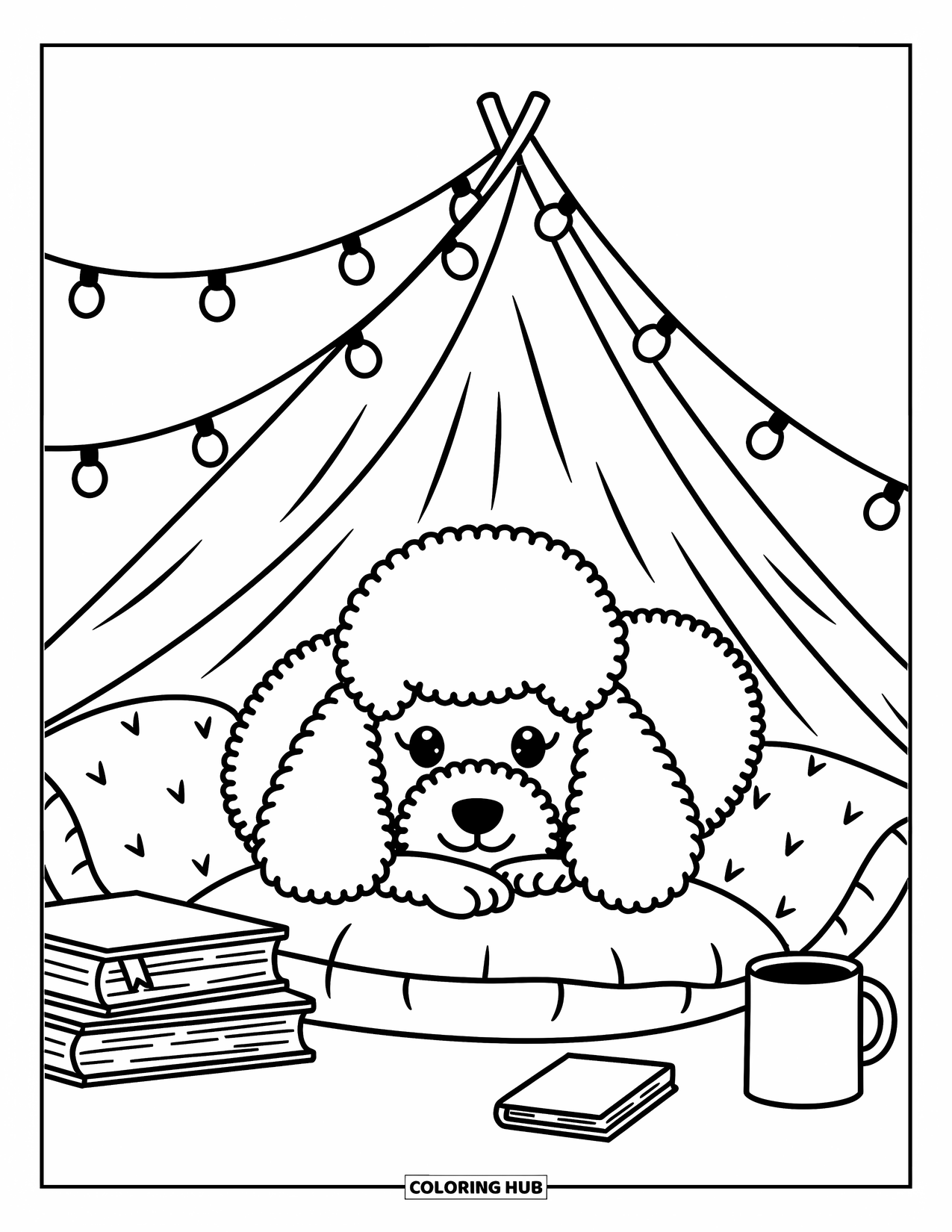 Poodle Coloring Page for Adults: A poodle curls up inside a blanket fort with books, a mug, and string lights overhead