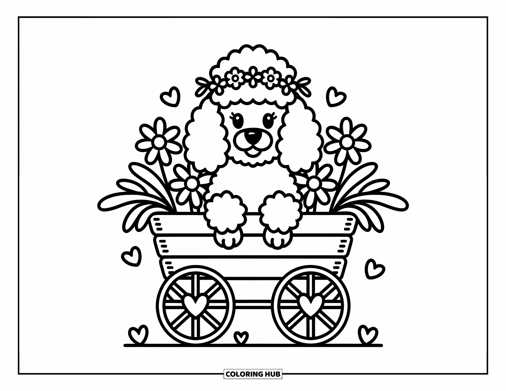 Poodle Coloring Page for Adults: A poodle sits in a flower-filled cart wearing a floral crown with heart-shaped wheels below