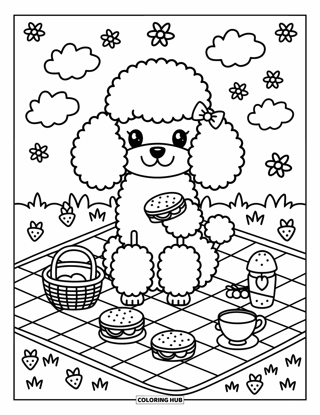Poodle Coloring Page for Adults: A poodle sits on a picnic blanket with a sandwich, tiny treats, and a cute little bow
