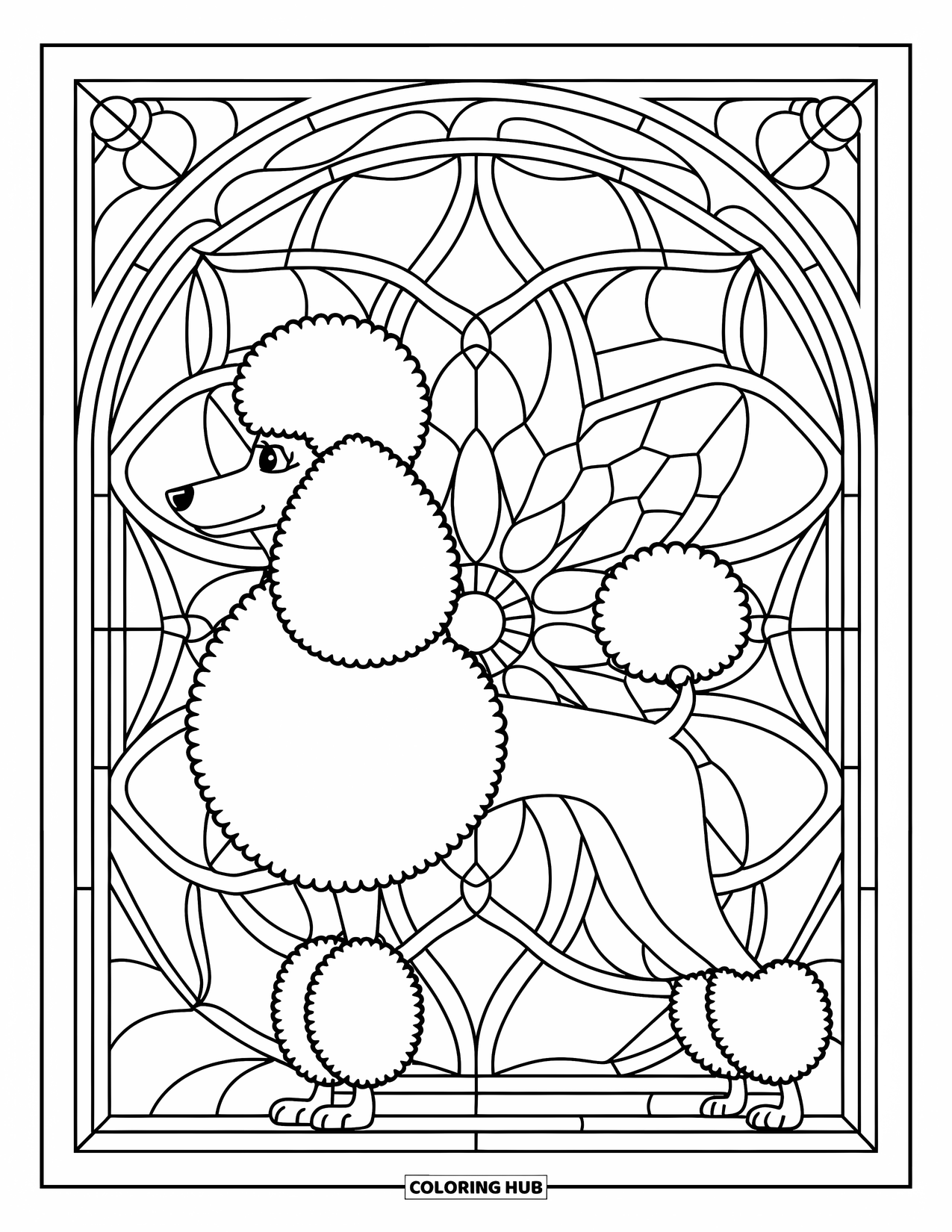 Poodle Coloring Page for Adults: A poodle stands in profile framed by a stained glass window design