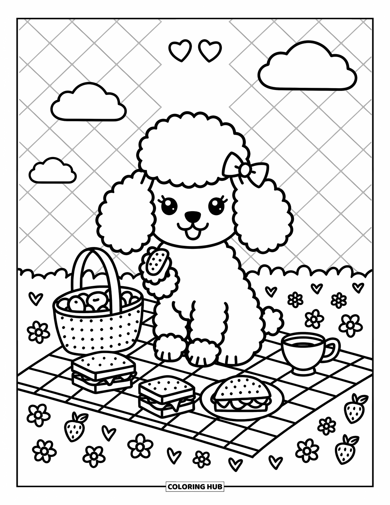 Poodle Coloring Page for Adults: A poodle with a bow sits on a blanket for a picnic filled with tiny sweet treats
