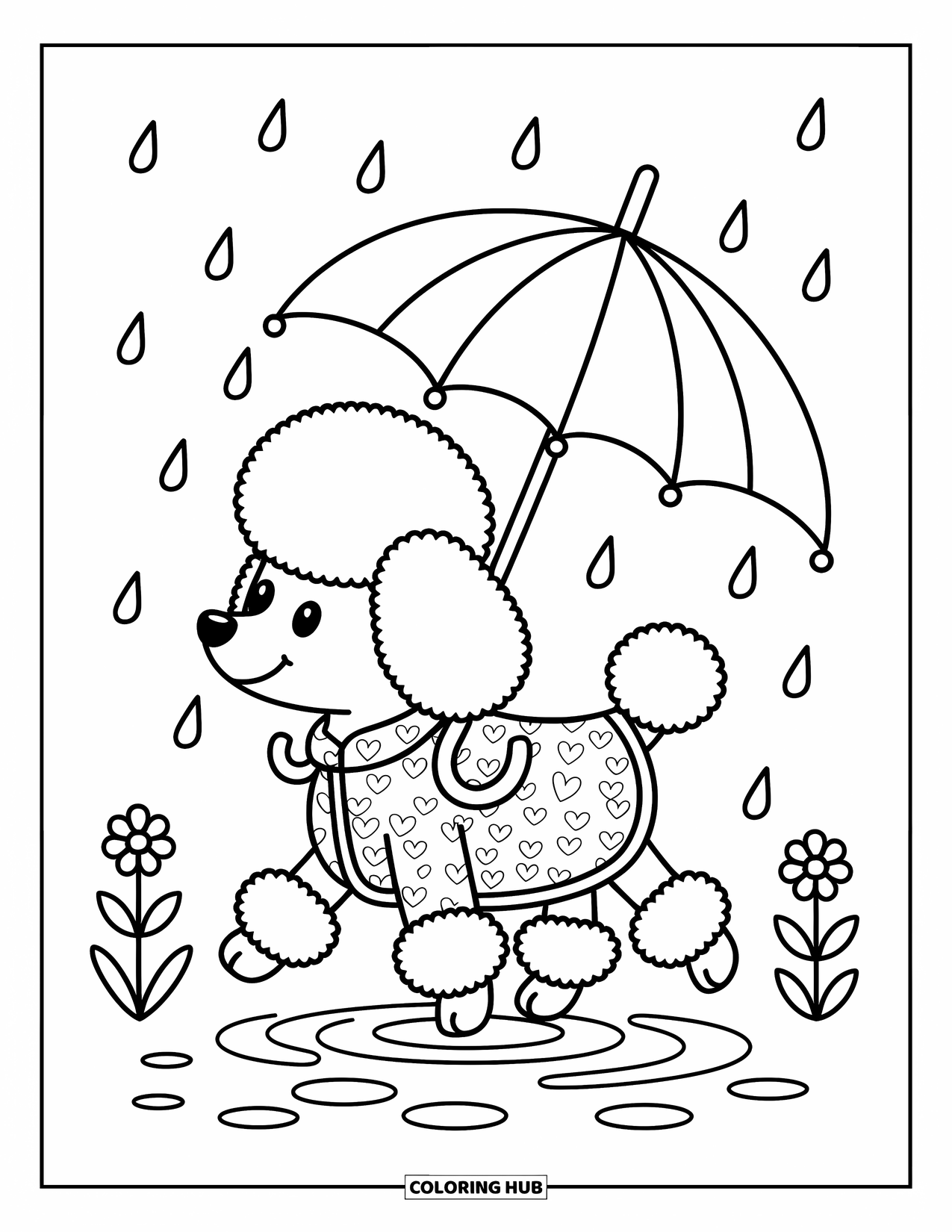 Poodle Coloring Page for Adults: A poodle with an umbrella splashes in puddles as raindrops fall and flowers bloom nearby