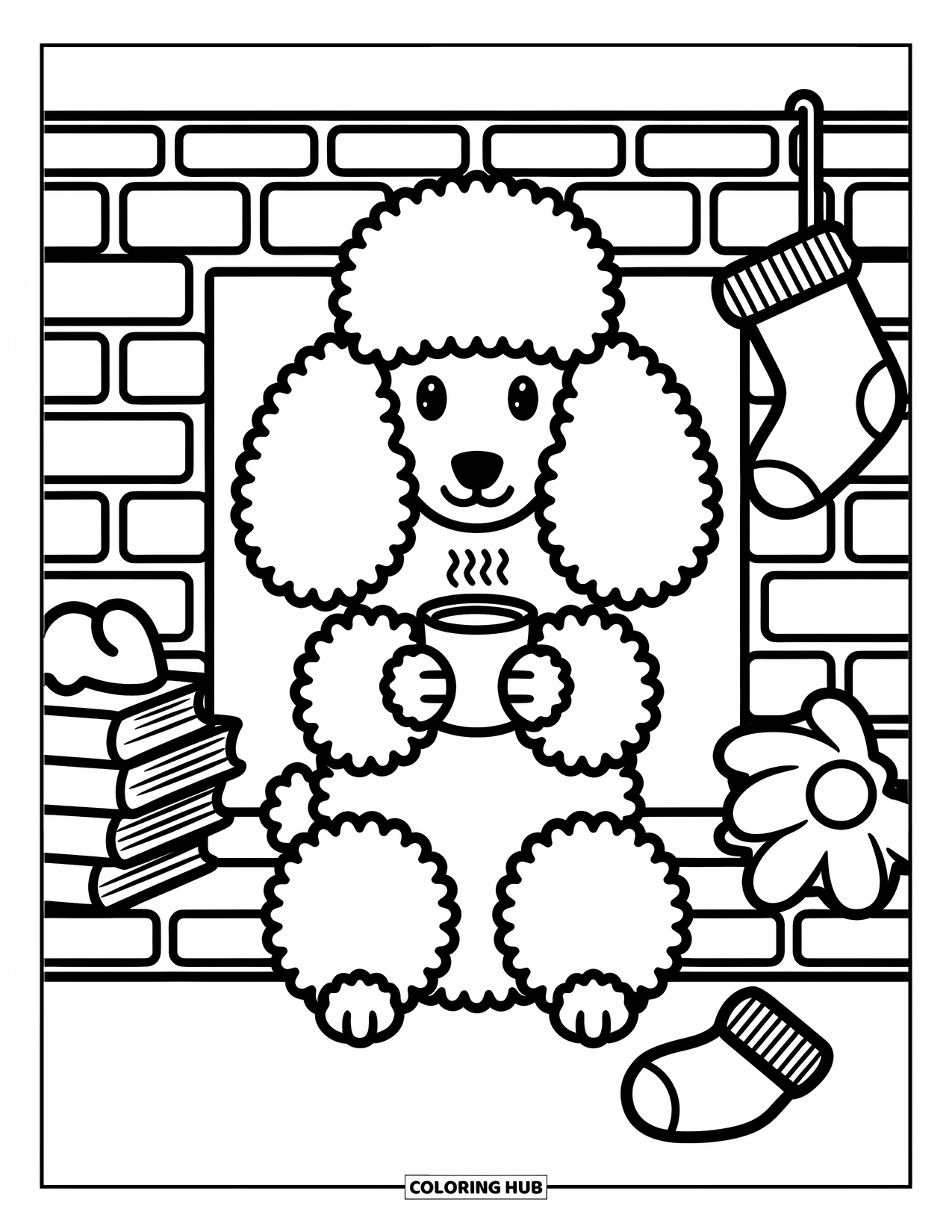 Poodle Coloring Page for Adults: A warm and happy poodle sips from a mug by the fire with cozy little details
