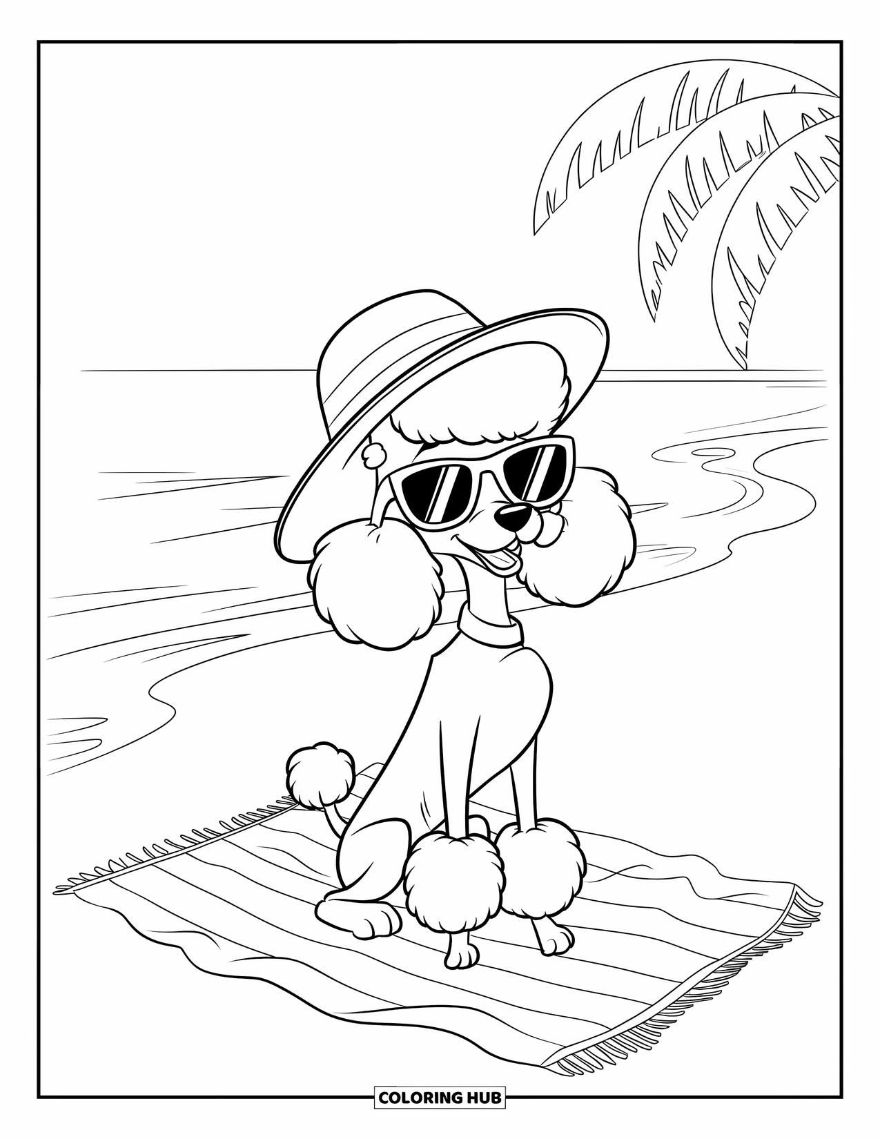 Poodle Coloring Page for Kids: A beach-ready poodle with a hat and shades lounges by calm waves