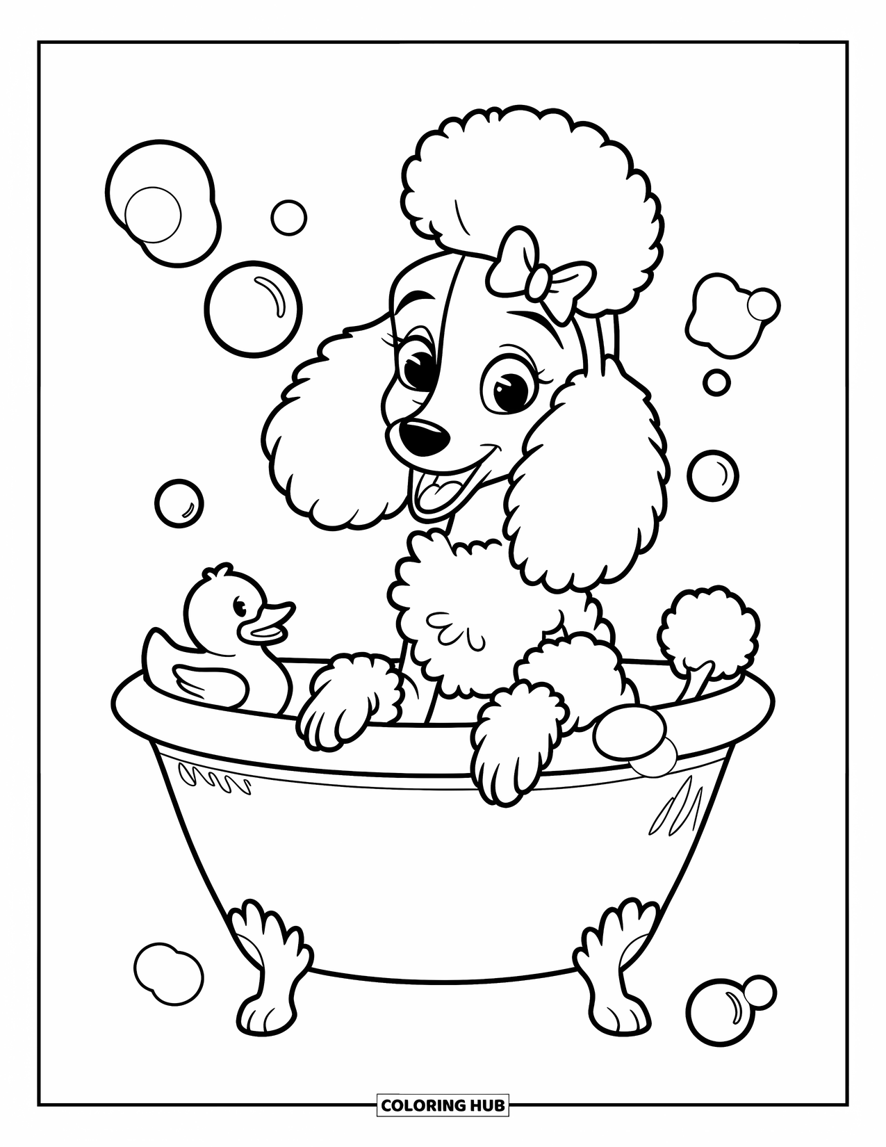 Poodle Coloring Page for Kids: A bow-wearing poodle enjoys a bubble bath with a rubber duck nearby