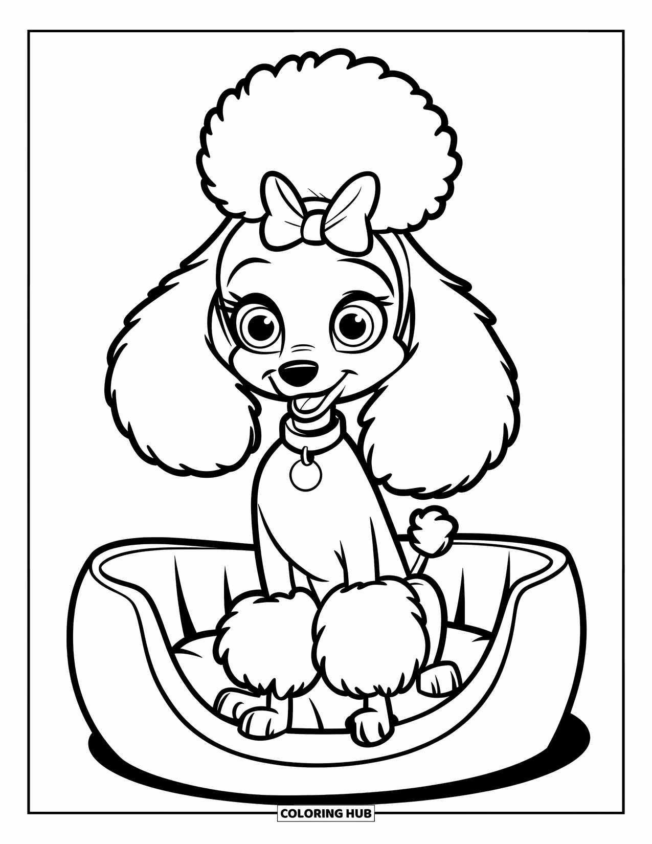 Poodle Coloring Page for Kids: A cheerful poodle with big eyes and a bow sits in a cozy bed