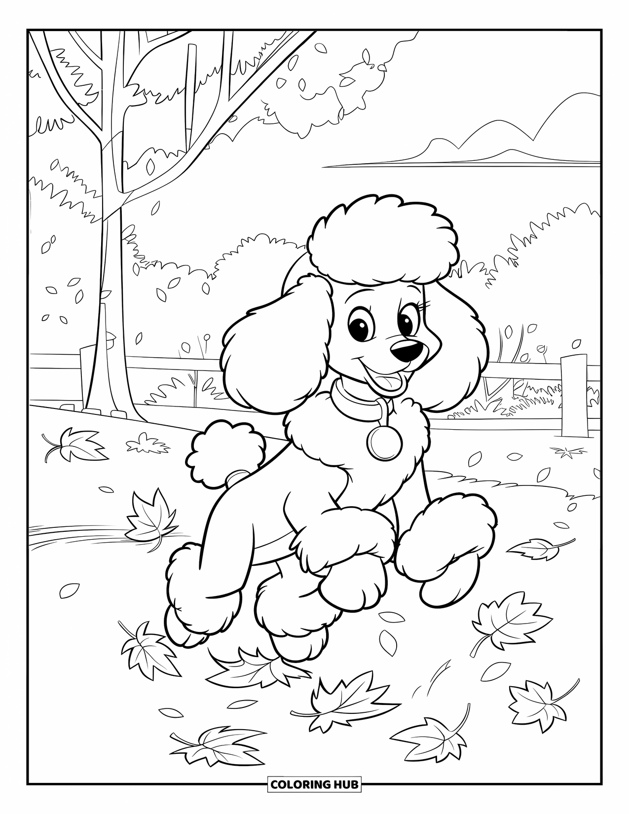 Poodle Coloring Page for Kids: A fluffy poodle jumps through autumn leaves in a scenic park