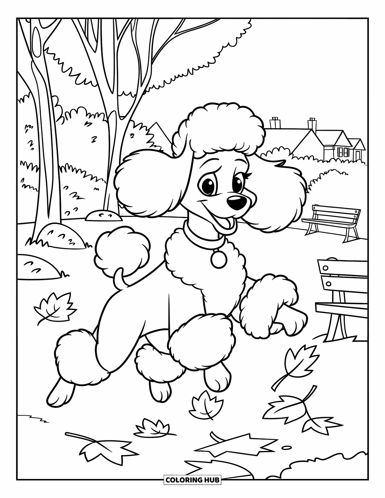 Poodle Coloring Page for Kids: A fluffy poodle leaps through leaves near trees, rocks, and cozy houses