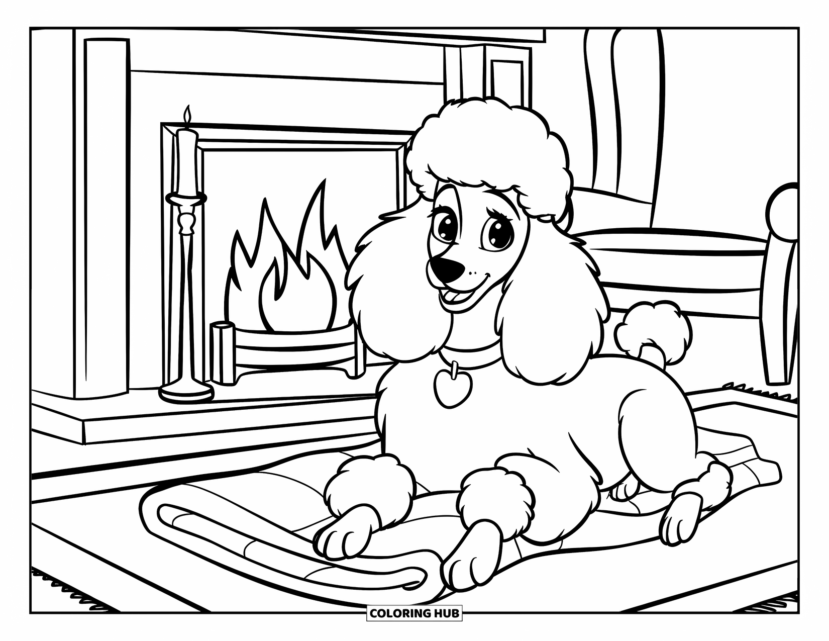 Poodle Coloring Page for Kids: A fluffy poodle rests by a warm fireplace in a cozy living room