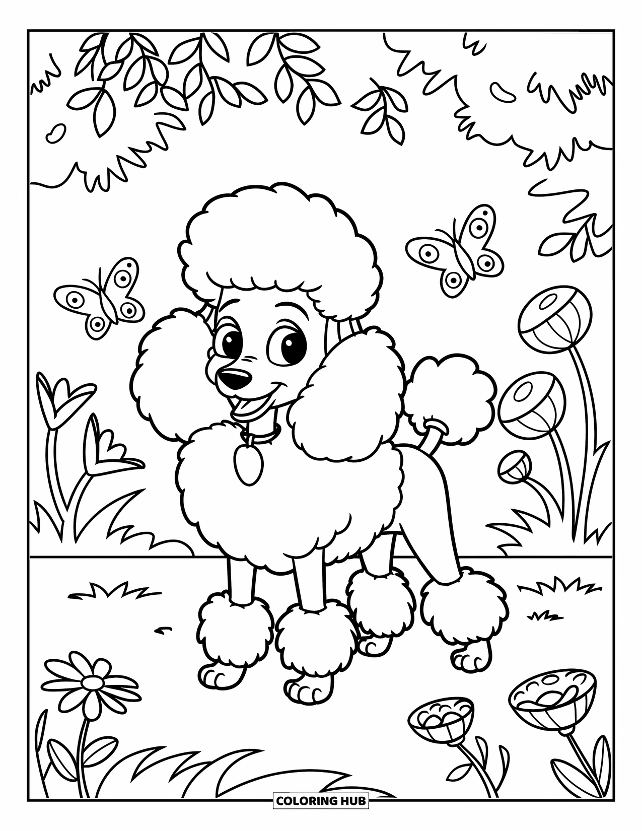 Poodle Coloring Page for Kids: A fluffy poodle stands in a garden with butterflies and blooming flowers