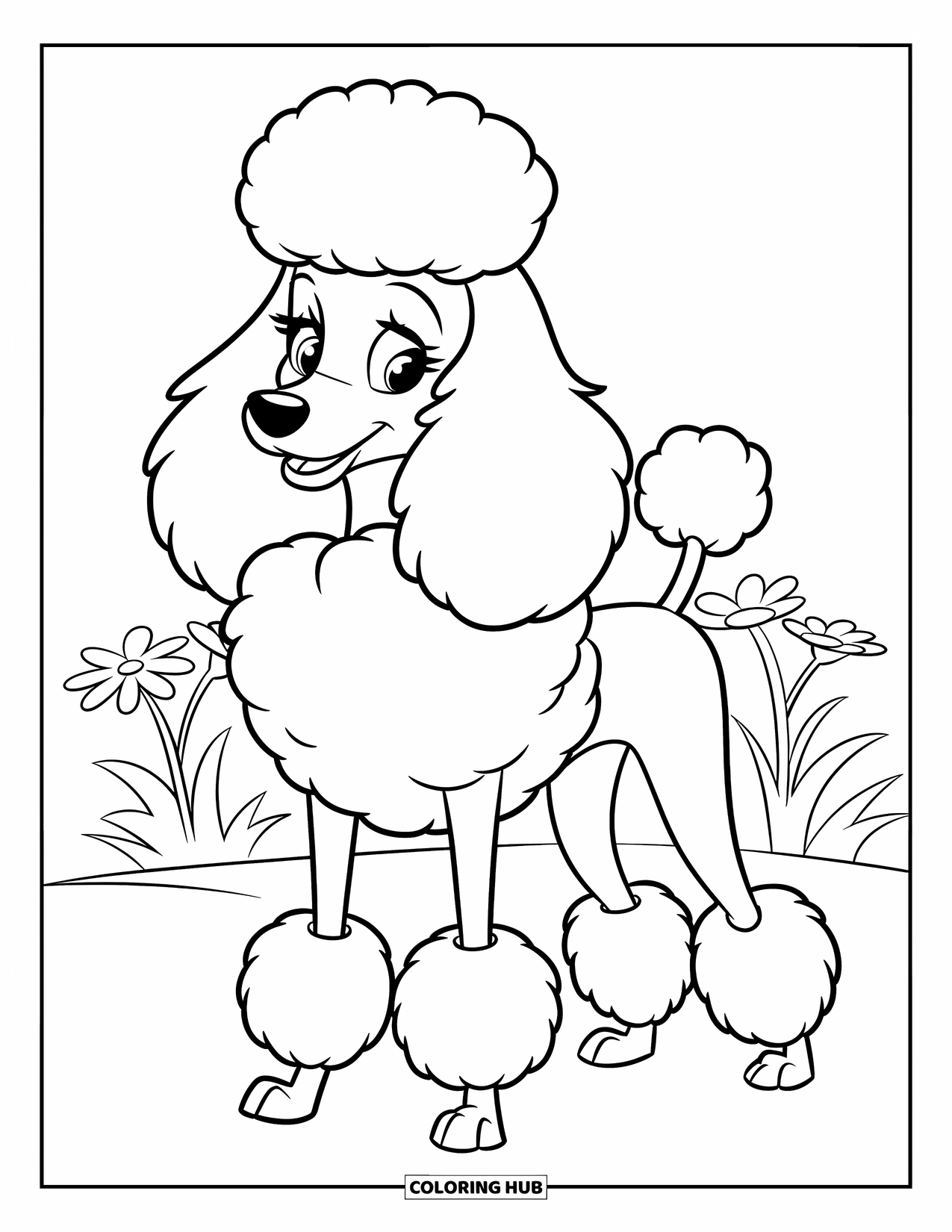 Poodle Coloring Page for Kids: A fluffy poodle stands on the grass with flowers in the background