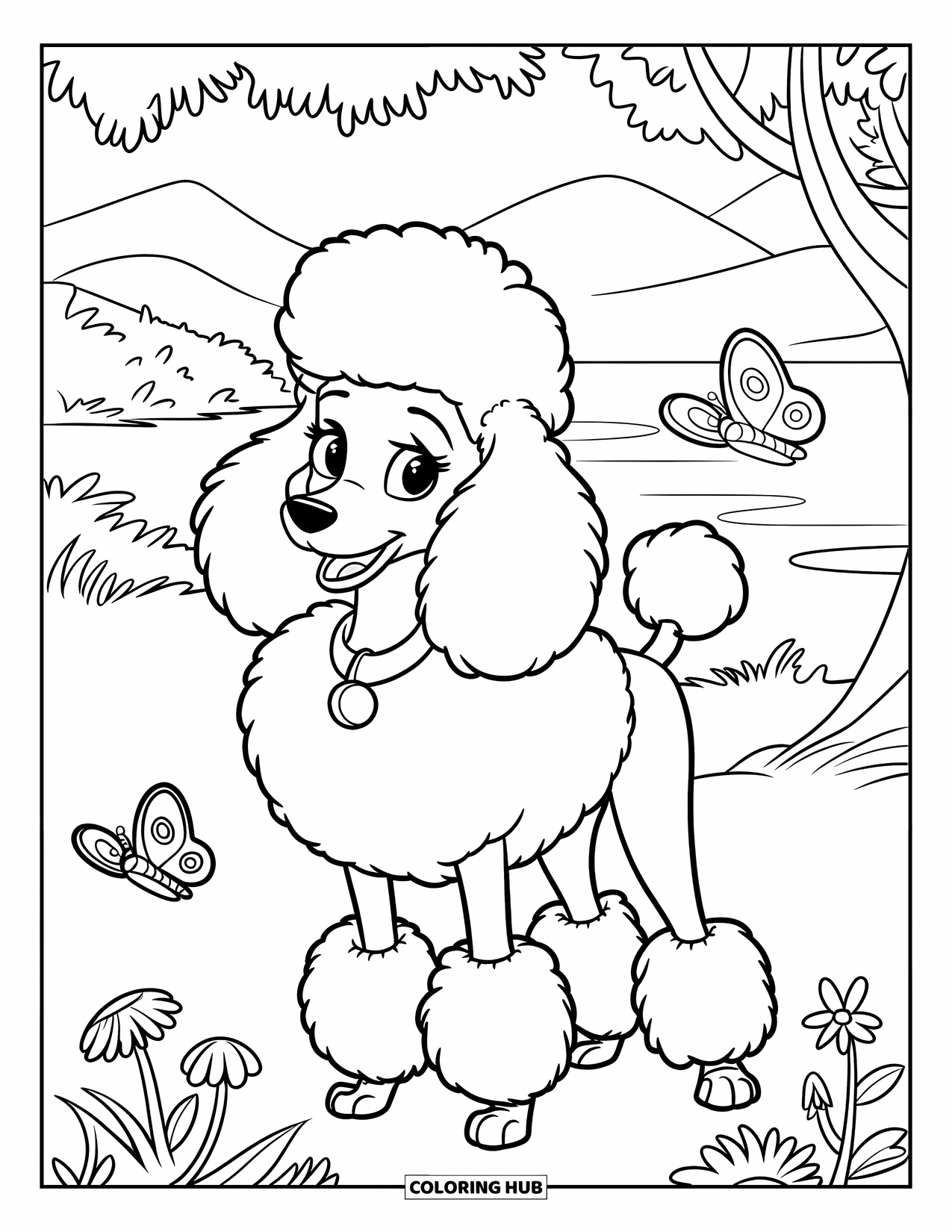 Poodle Coloring Page for Kids: A fluffy poodle with a pink collar stands in a garden near butterflies and water