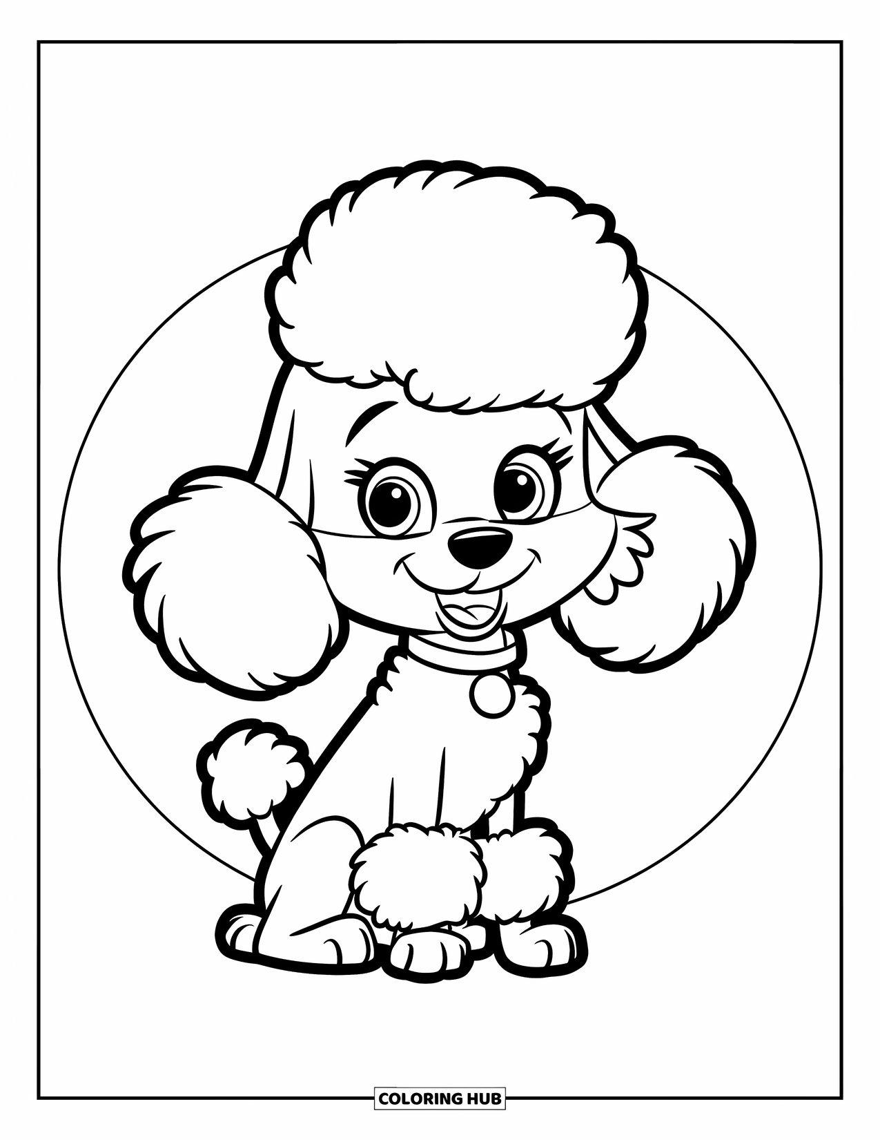 Poodle Coloring Page for Kids: A fluffy-tailed poodle smiles happily while sitting with a collar on