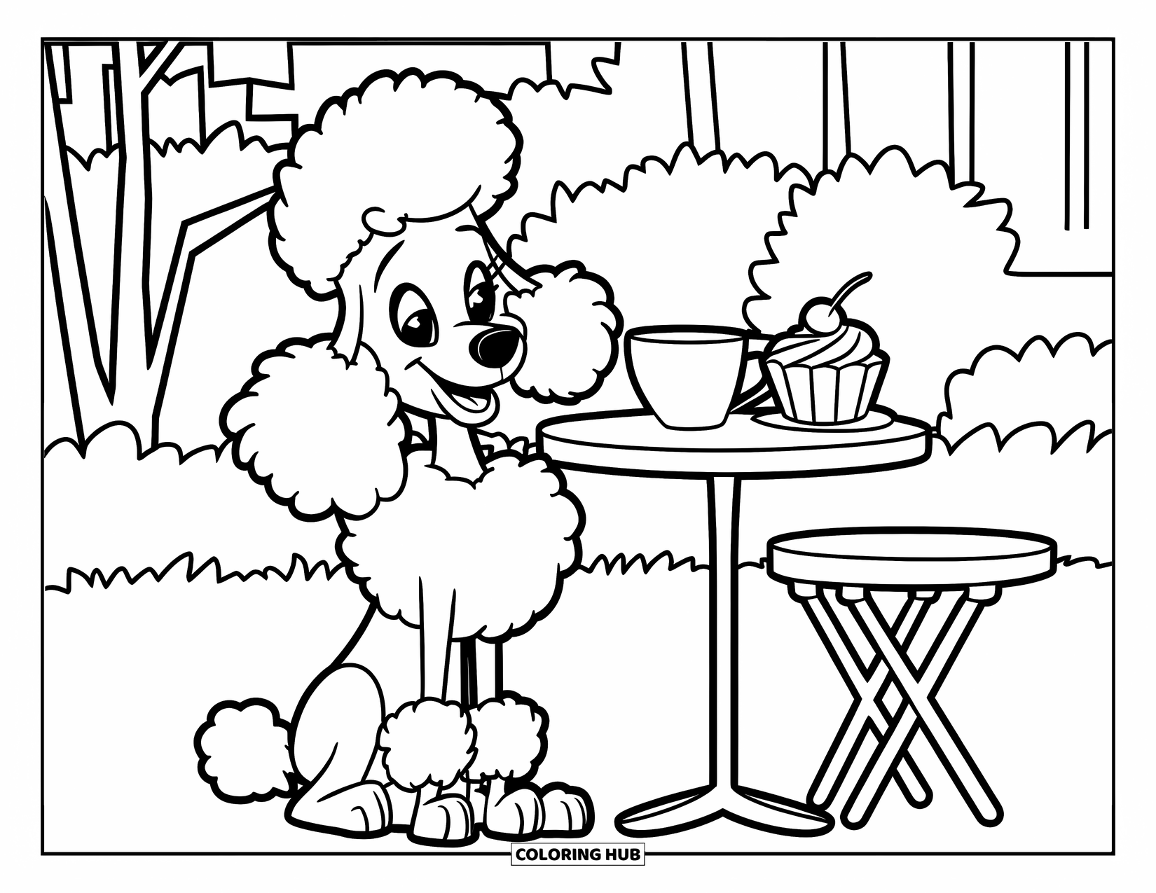 Poodle Coloring Page for Kids: A happy poodle rests beside a cupcake and cup under a small café table