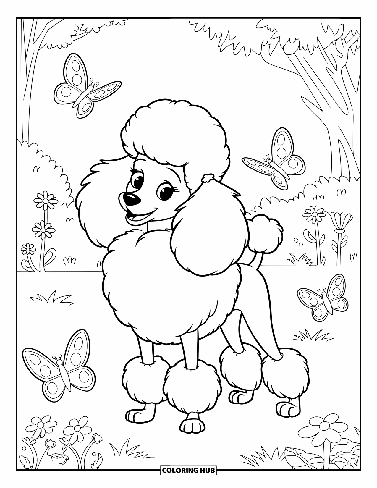 Poodle Coloring Page for Kids: A poodle stands in a garden with butterflies and trees around