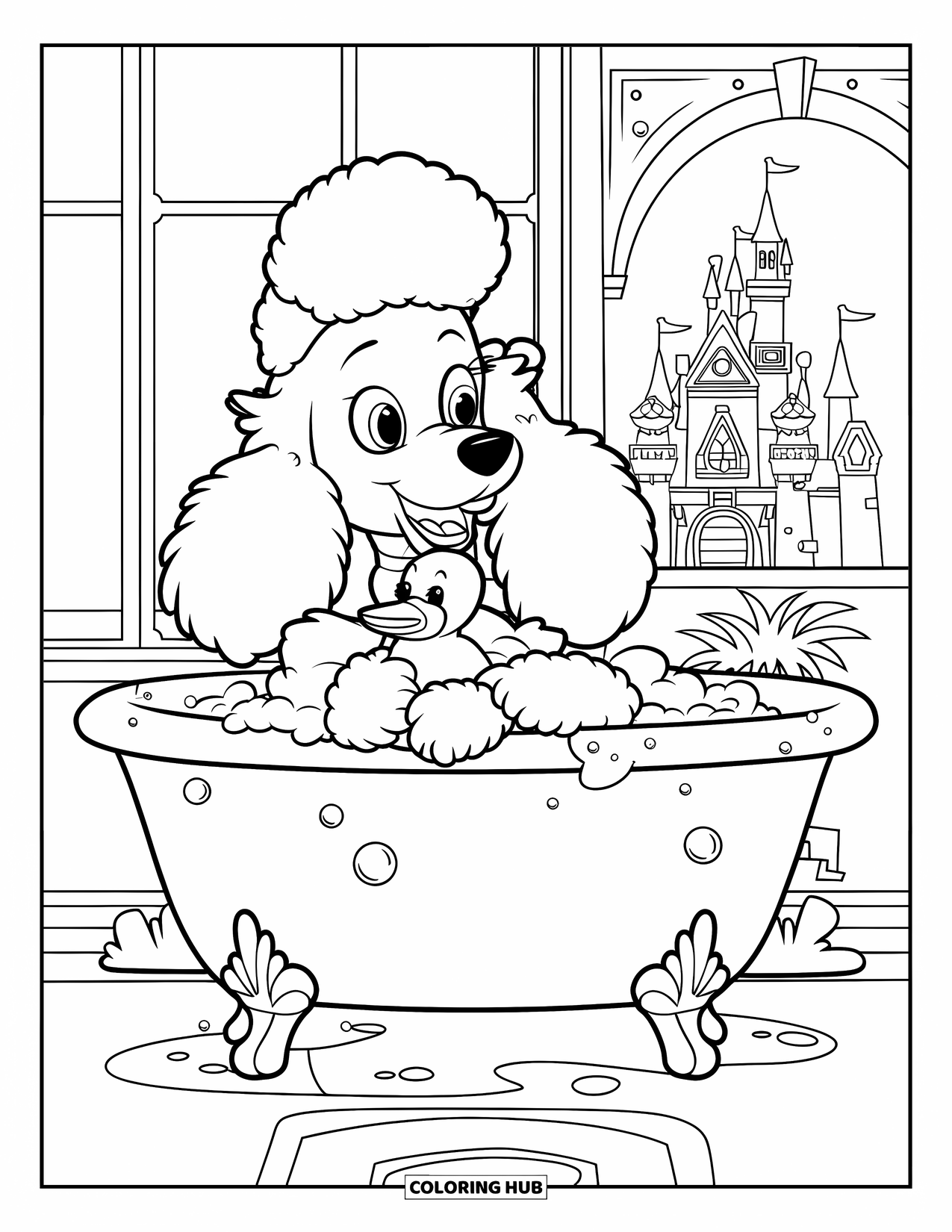 Poodle Coloring Page for Kids: A poodle takes a bubble bath with a duck in a tub near a window and plant