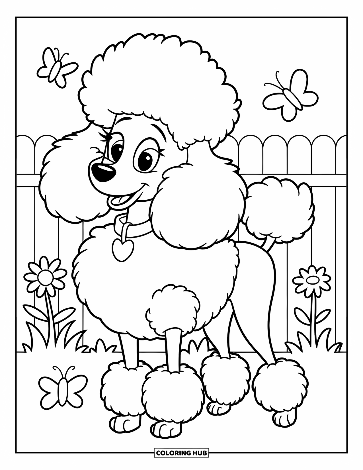 Poodle Coloring Page for Kids: A poodle with a collar explores a garden with butterflies and flowers