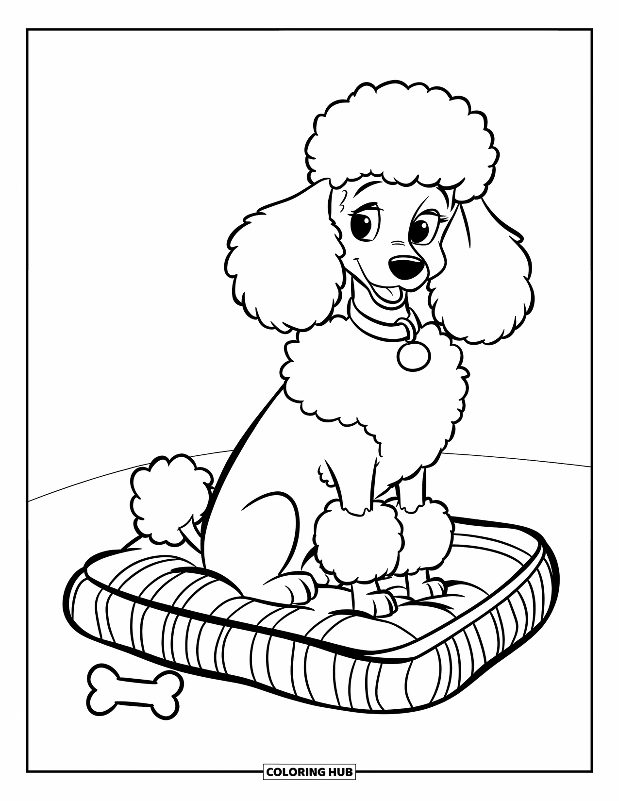 Poodle Coloring Page for Kids: A poodle with a pink collar relaxes on a cushion beside its toy bone