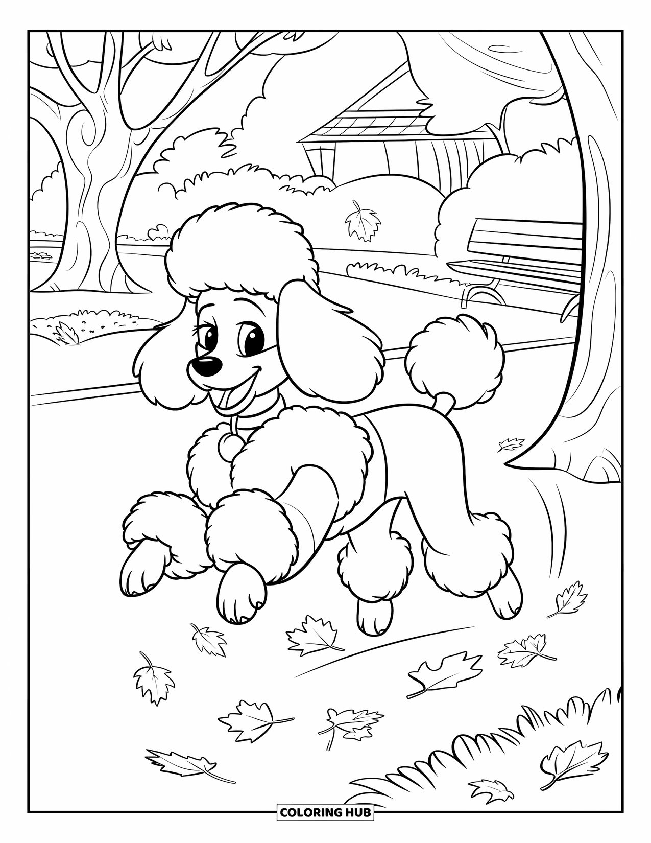 Poodle Coloring Page for Kids: A poodle with a red collar leaps through leaves in a cozy park
