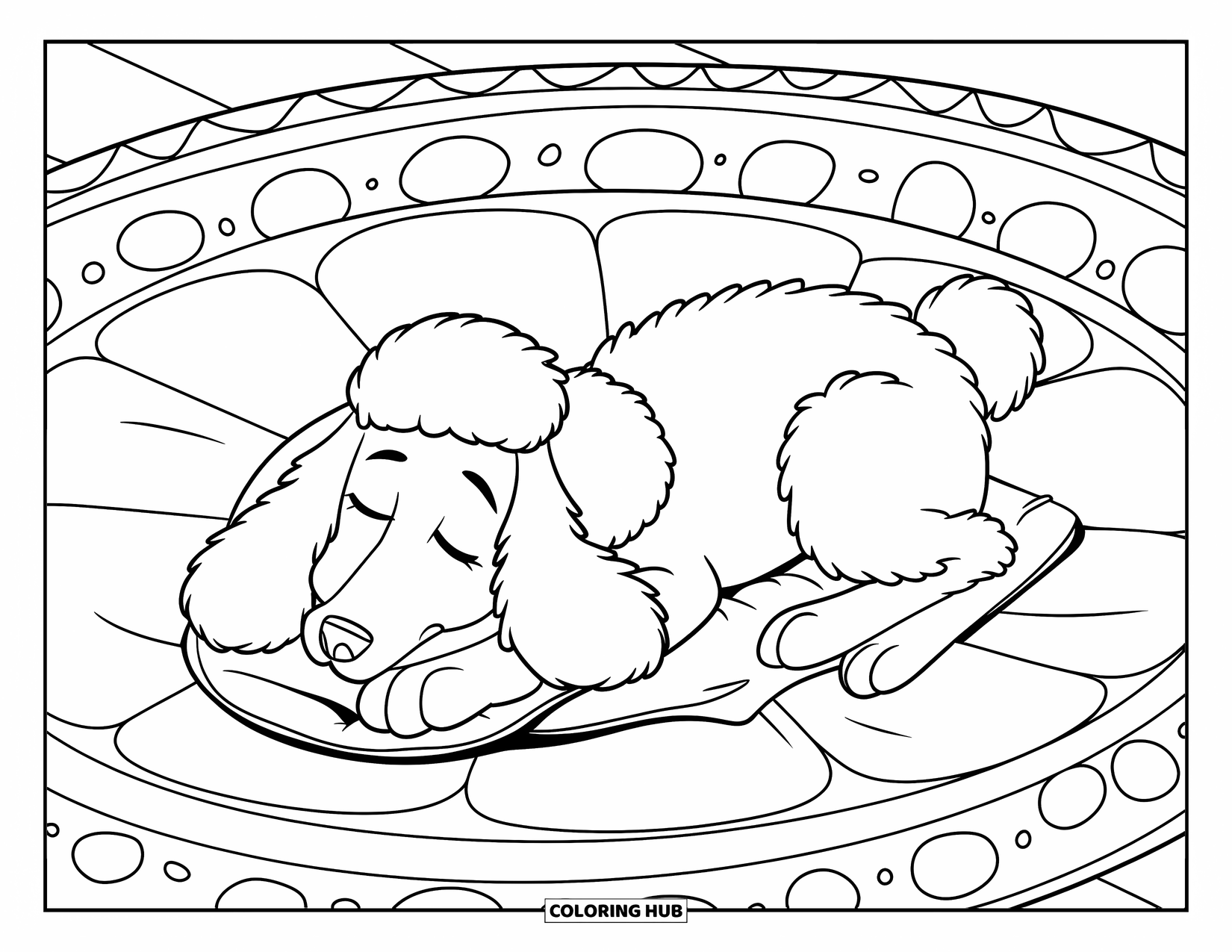 Poodle Coloring Page for Kids: A relaxed poodle sleeps on a cozy round rug with a clean background