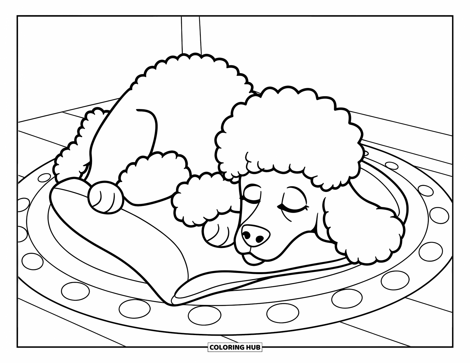 Poodle Coloring Page for Kids: A sleepy poodle lies on a soft rug with circle patterns and cheerful vibes