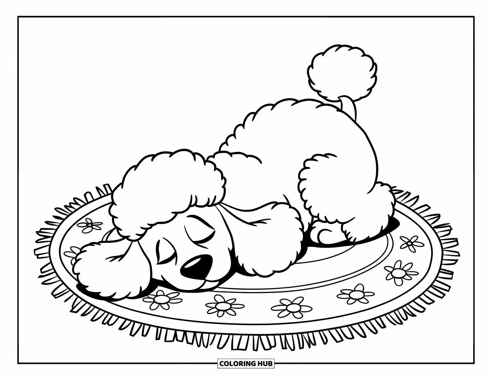 Poodle Coloring Page for Kids: A sleepy poodle rests peacefully on a soft rug with a floral pattern