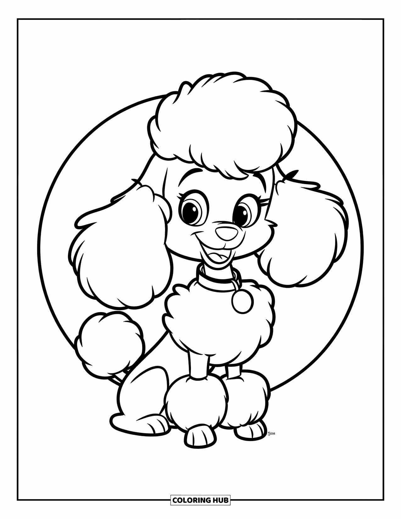 Poodle Coloring Page for Kids: A smiling poodle with floppy ears sits with a fluffy tail and cute collar