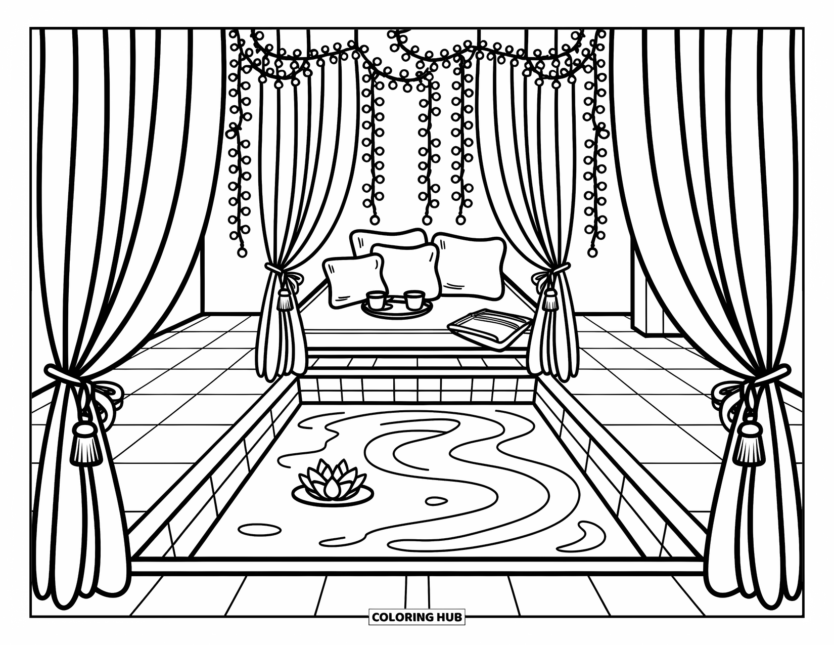 Pool Coloring Page for Adults: Courtyard pool framed with curtains, pillows, fairy lights, and a single floating lily