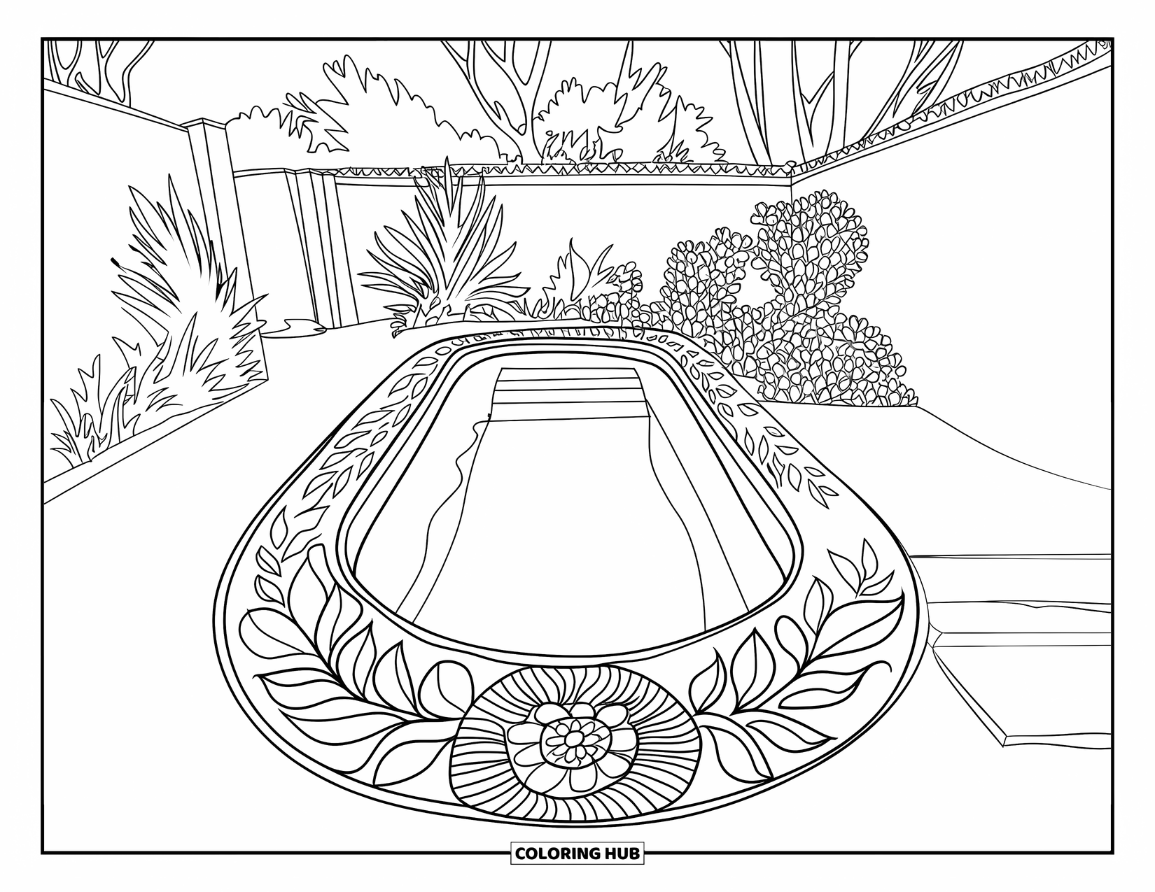 Pool Coloring Page for Adults: Cozy sunken pool with steps, surrounded by plants, trees, and a courtyard fence