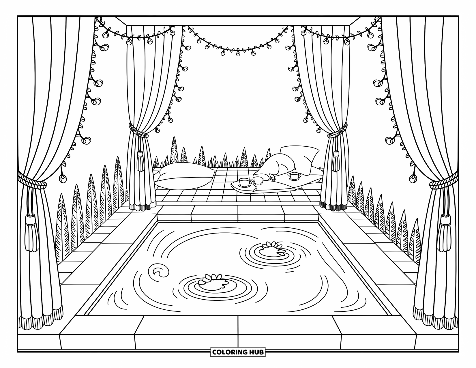 Pool Coloring Page for Adults: Curtained pool scene with fairy lights, pillows, and soft ripples with a floating lily
