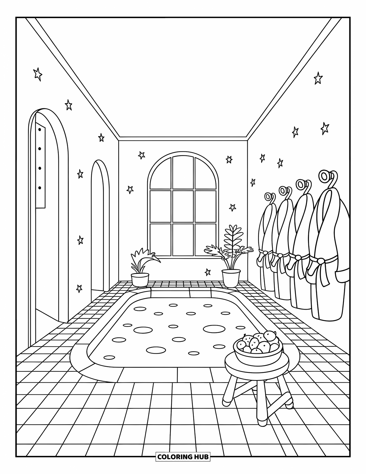Pool Coloring Page for Adults: Indoor pool with starry walls, robes, tiled floor, and a stool holding fruit