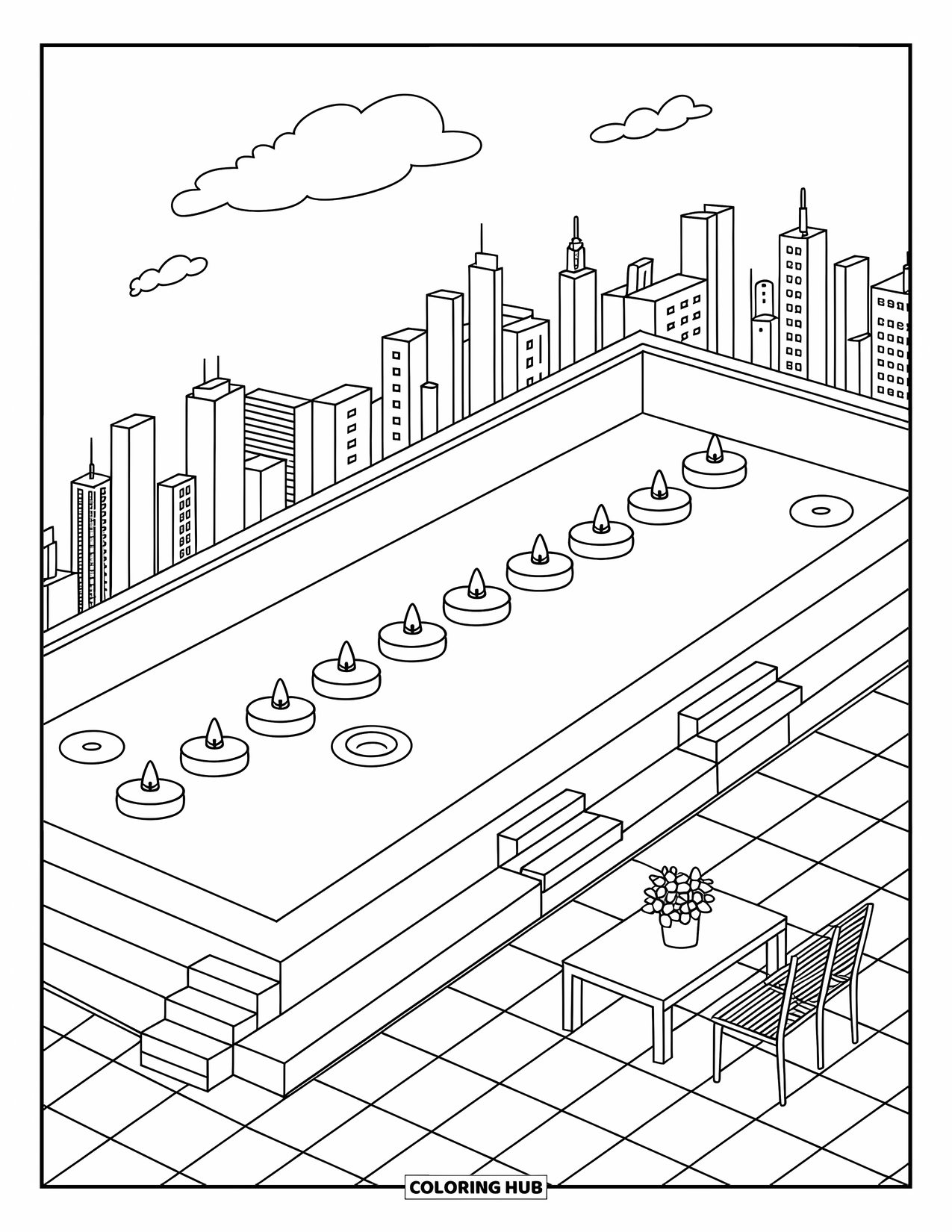 Pool Coloring Page for Adults: Infinity pool with floating candles, patio flowers, and steps beside a cute skyline view