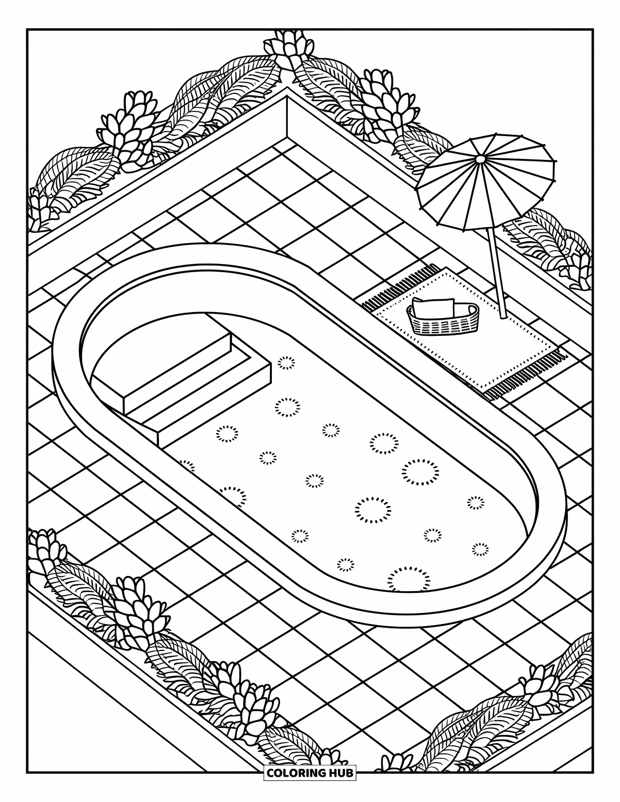 Pool Coloring Page for Adults: Oval rooftop pool with underwater steps, leafy planters, and a soft rug nearby