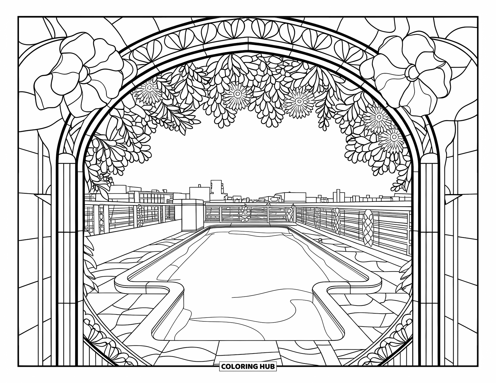 Pool Coloring Page for Adults: Peaceful rooftop pool with stained glass blooms and a cityscape view