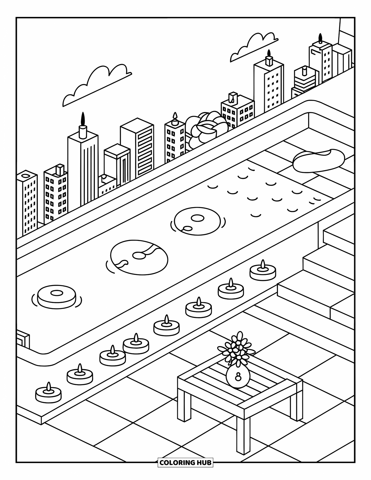 Pool Coloring Page for Adults: Rectangular pool with floaties, candles, and skyline view beside a cozy table and vase