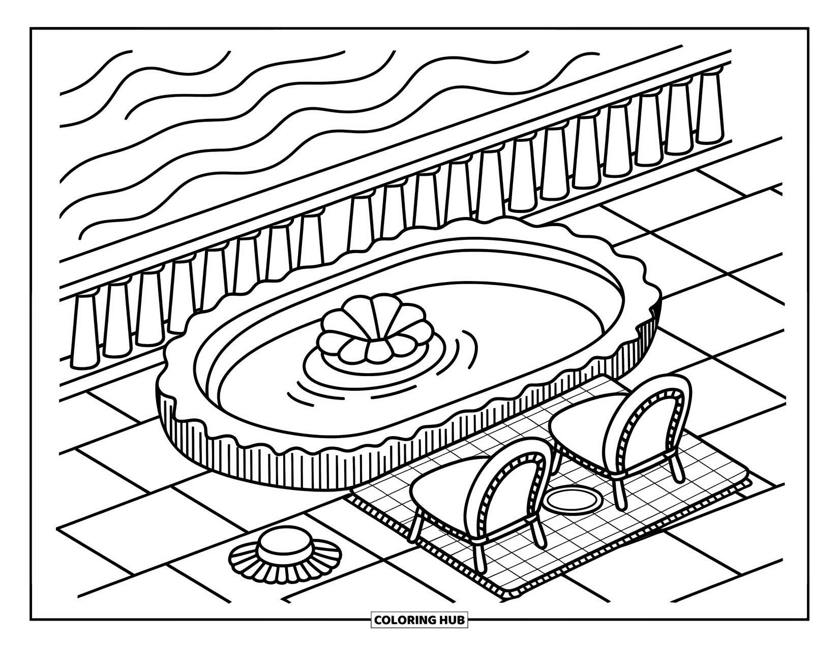 Pool Coloring Page for Adults: Seashell-shaped pool with a float ring, cozy chairs, and ocean views beyond the railing