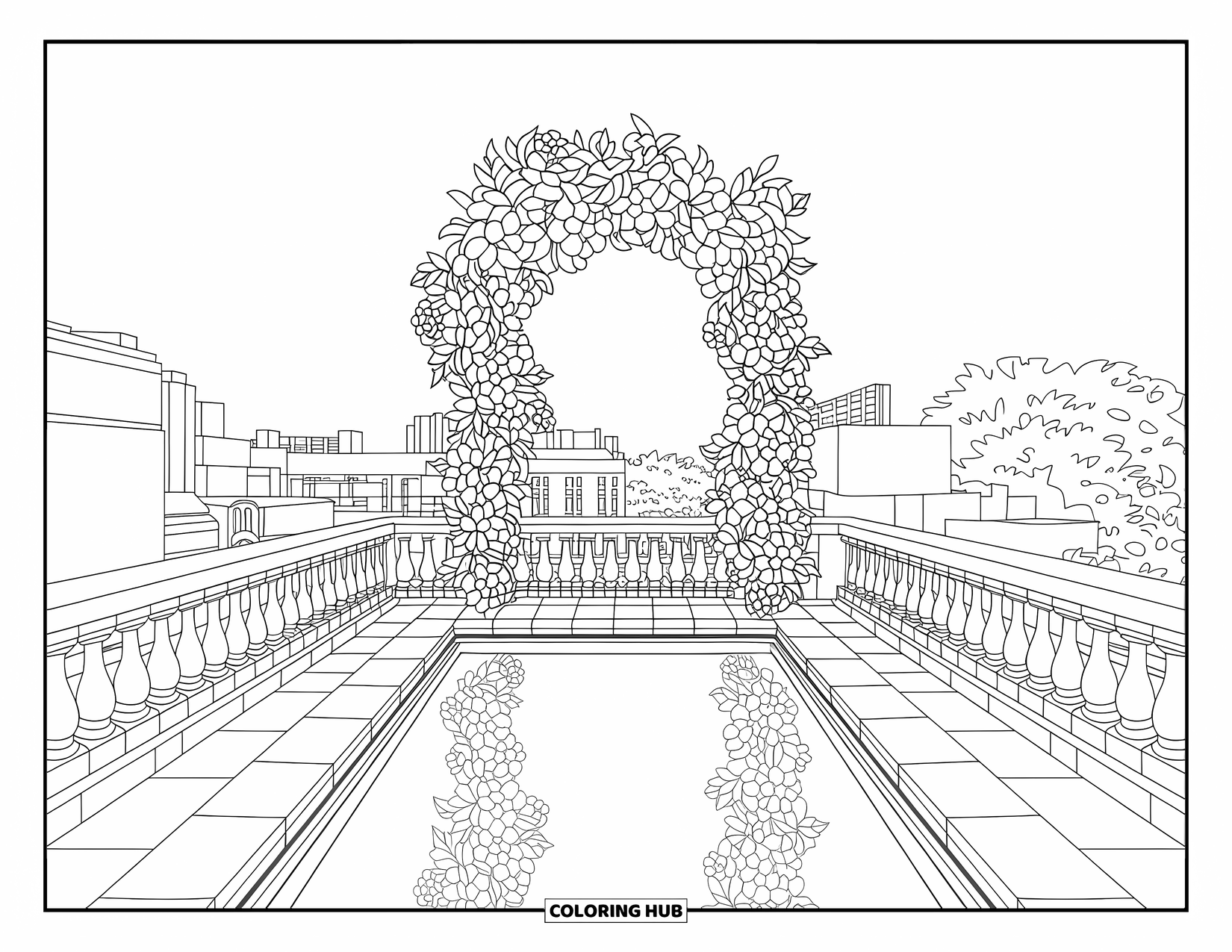 Pool Coloring Page for Adults: Serene rooftop pool framed by floral stained glass with a view of buildings and trees