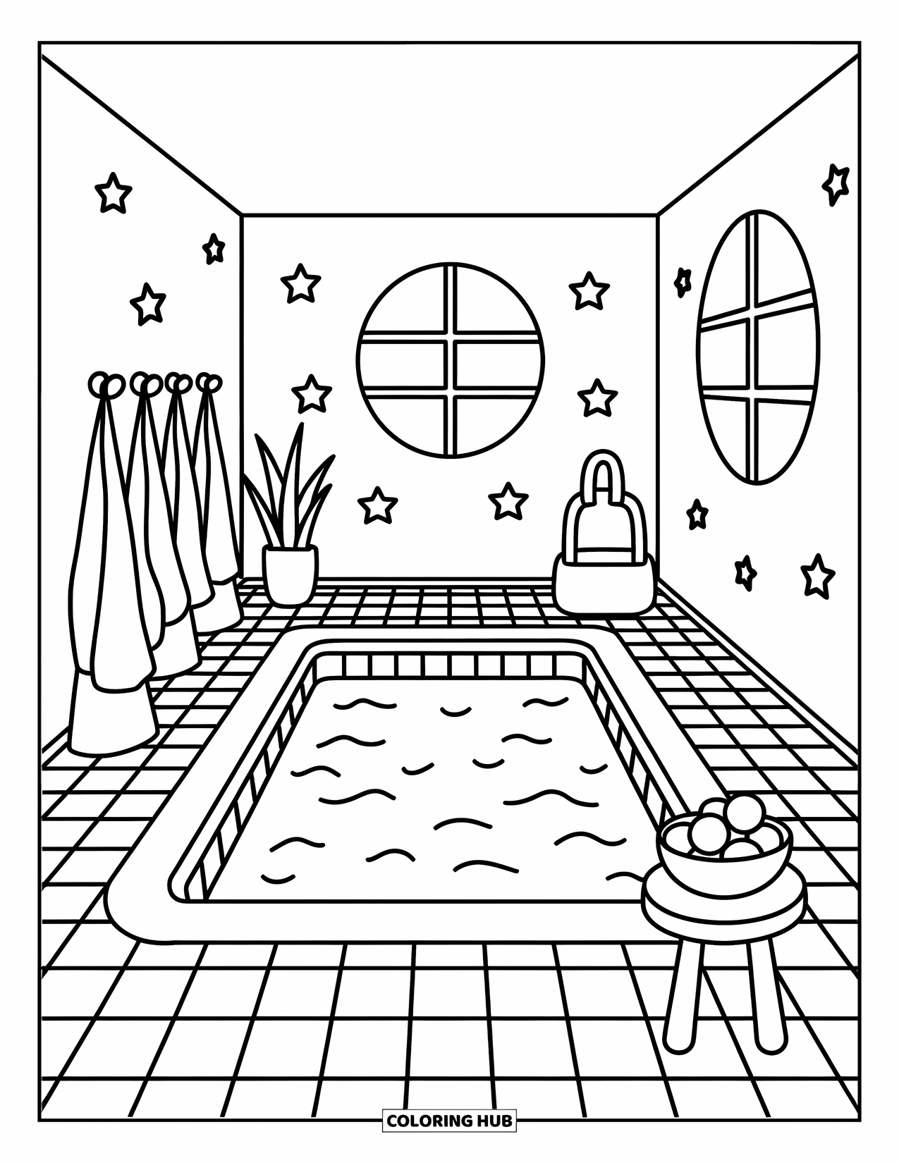 Pool Coloring Page for Adults: Square pool in a starry room with robes, plants, and a tiny snack stool