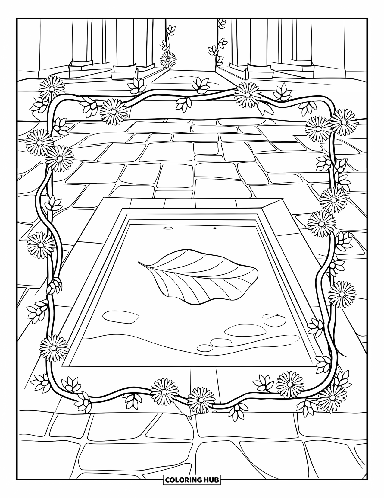 Pool Coloring Page for Adults: Square pool with a floating leaf, decorative borders, and columned building nearby