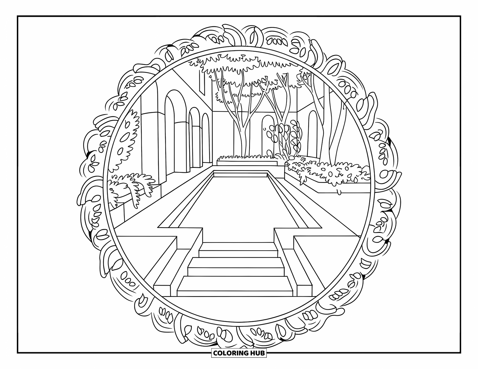Pool Coloring Page for Adults: Sunken courtyard pool with steps, surrounded by plants and a circular floral mandala