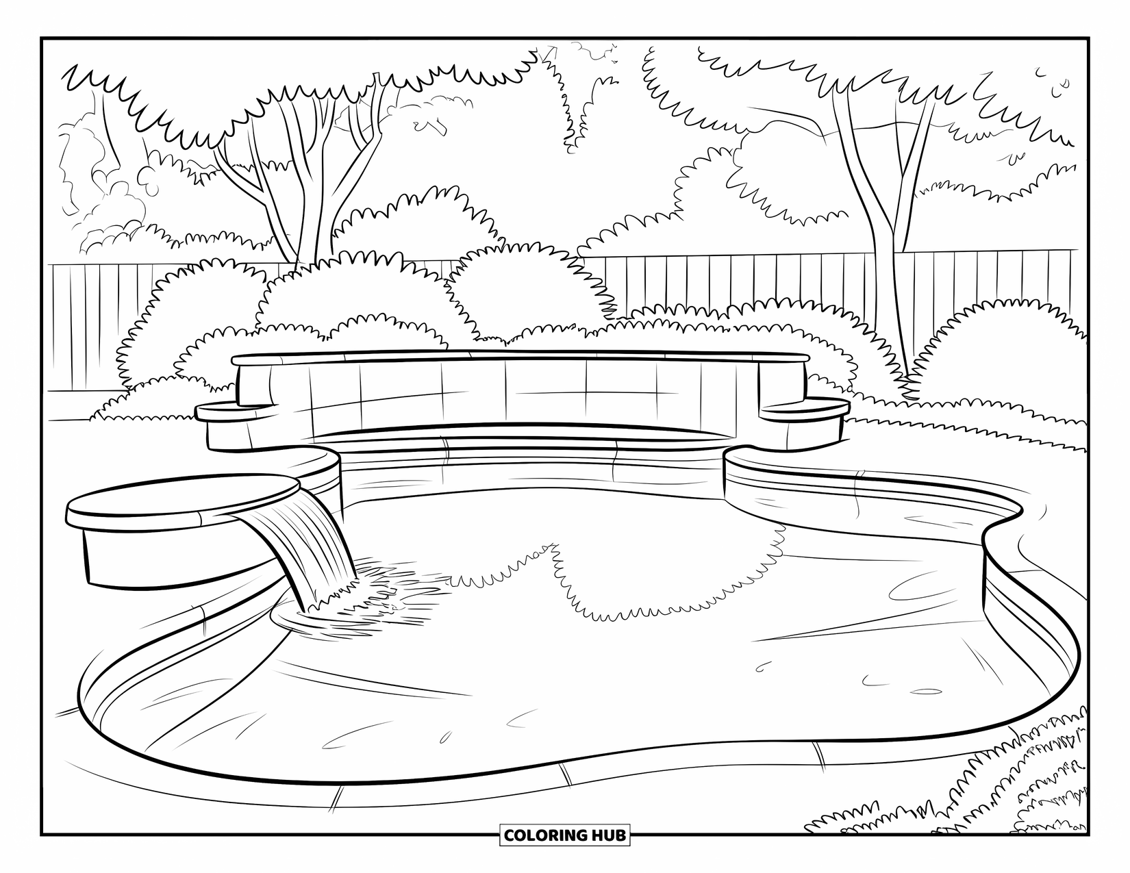 Pool Coloring Page for Kids: Backyard pool with built-in seating and waterfall edge, surrounded by greenery