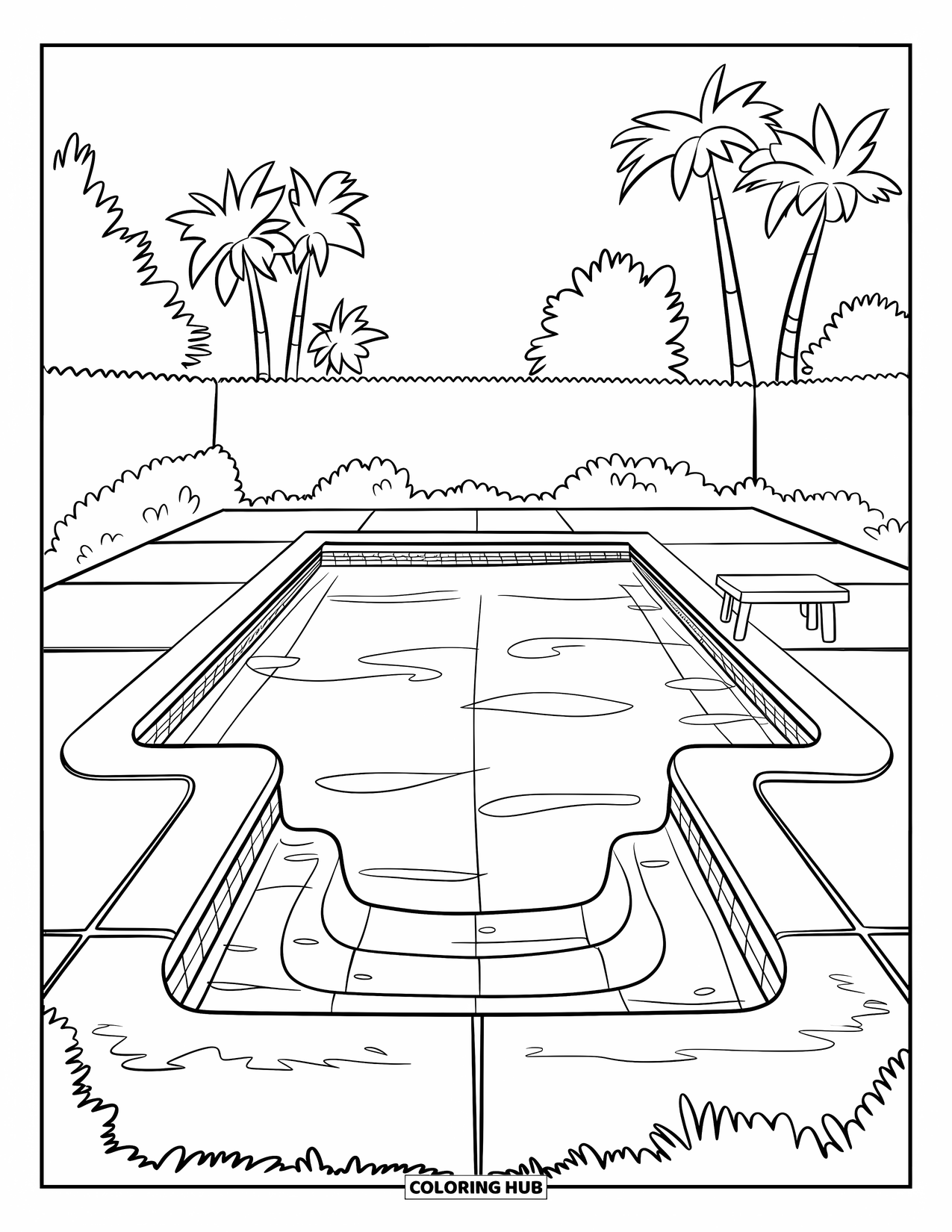 Pool Coloring Page for Kids: Backyard pool with gentle tiles, a small bench, and a few palm trees nearby