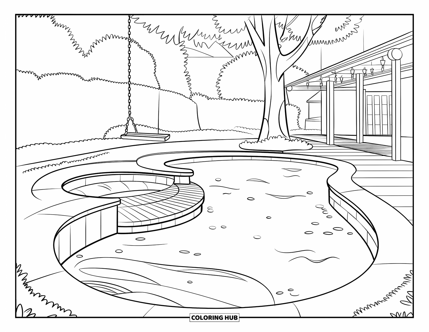 Pool Coloring Page for Kids: Backyard pool with waterfall seat area, wooden deck, and nearby tree swing