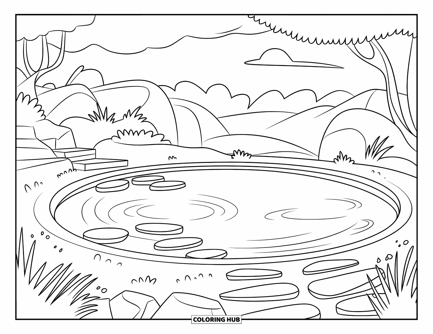 Pool Coloring Page for Kids: Circular pool with soft ripples, stepping stones, and lush greenery under a cloudy mountain view