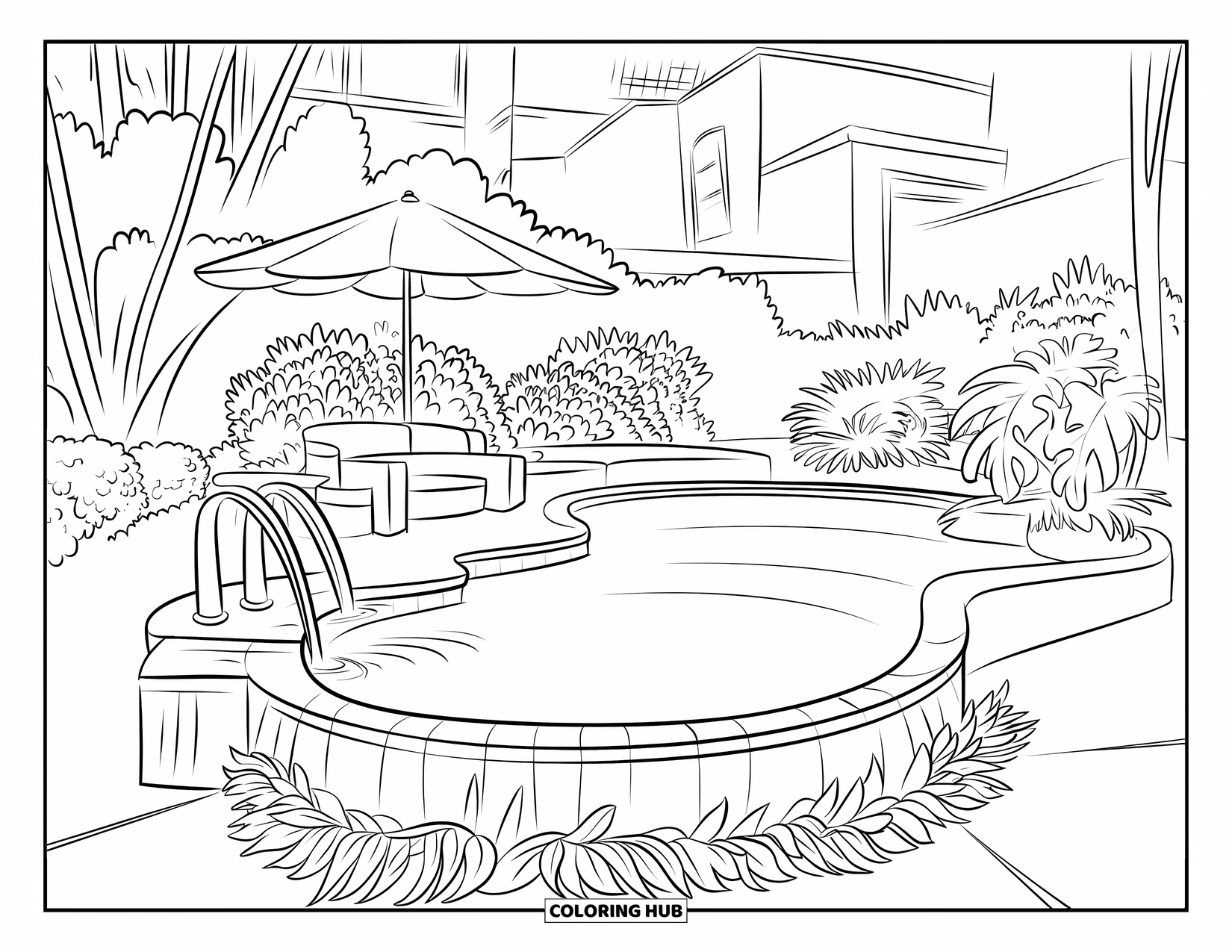 Pool Coloring Page for Kids: Clear backyard pool with waterfall edge and umbrella, surrounded by buildings and plants