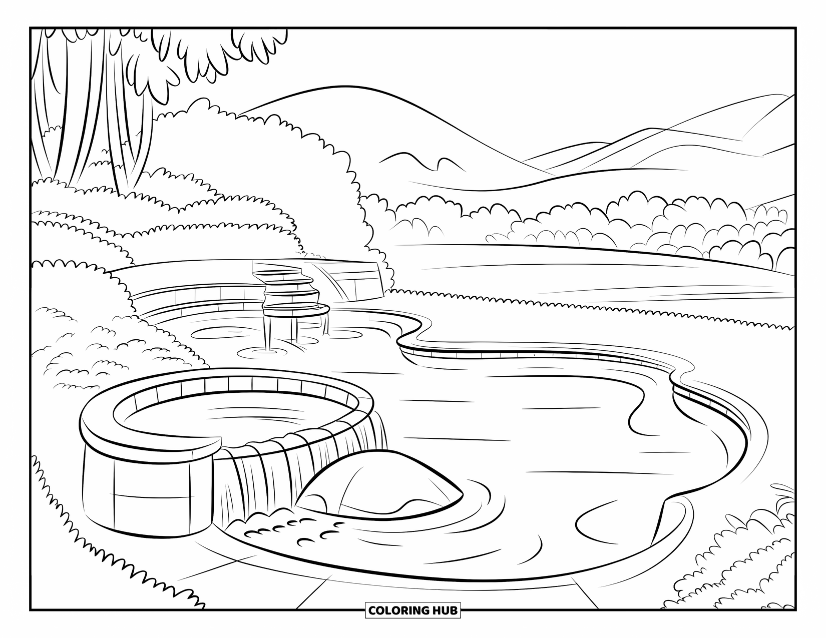Pool Coloring Page for Kids: Curved backyard pool with waterfall edge, large rock, and peaceful mountain scene