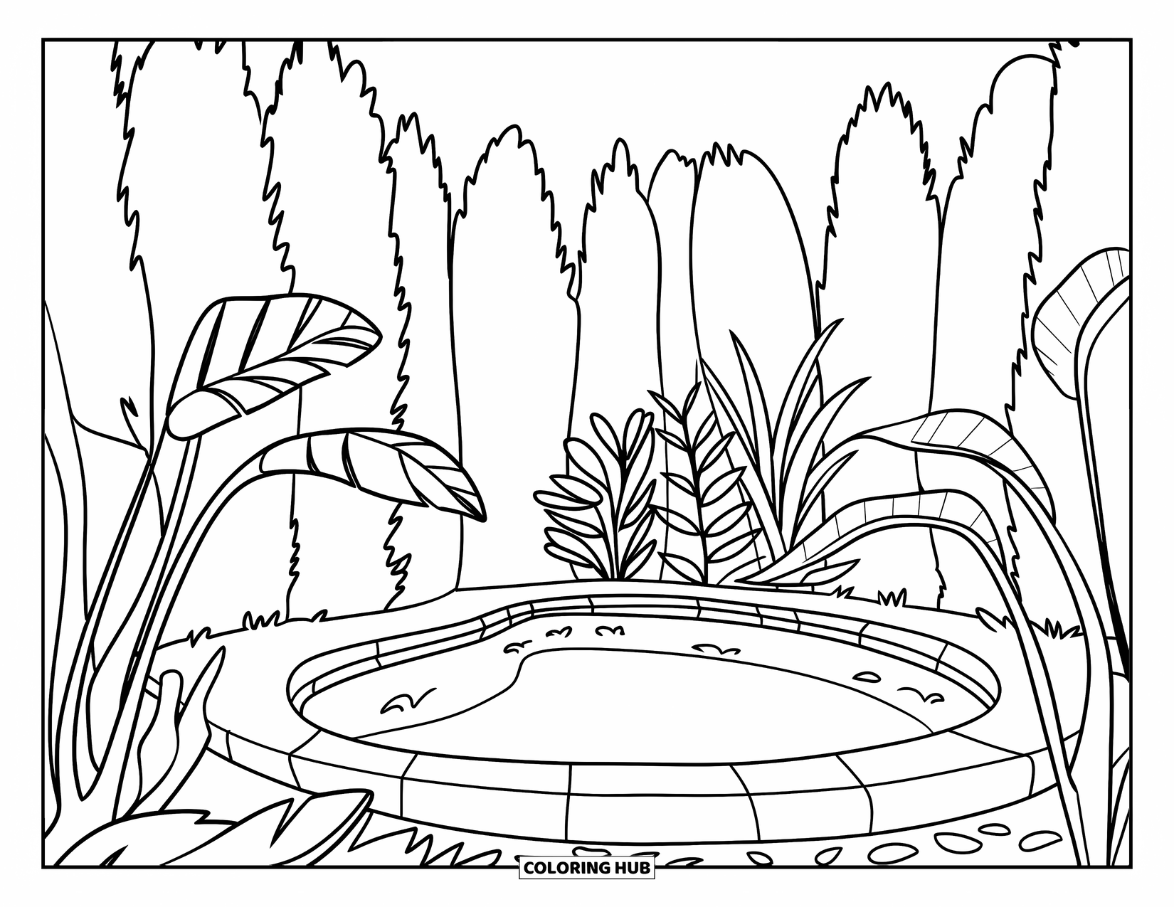 Pool Coloring Page for Kids: Garden pool nestled between tall plants, showing tiny leaf shadows on the clean waterline