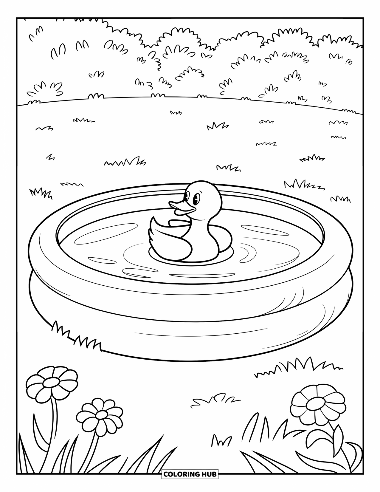 Pool Coloring Page for Kids: Inflatable pool with duck float, grassy field, flowers, and trees all around