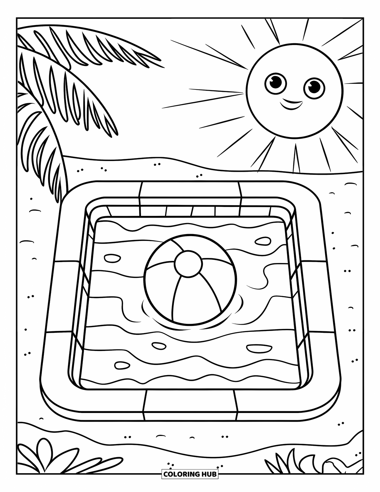Pool Coloring Page for Kids: Kiddie pool with a beach ball, palm trees, and a smiling sun above