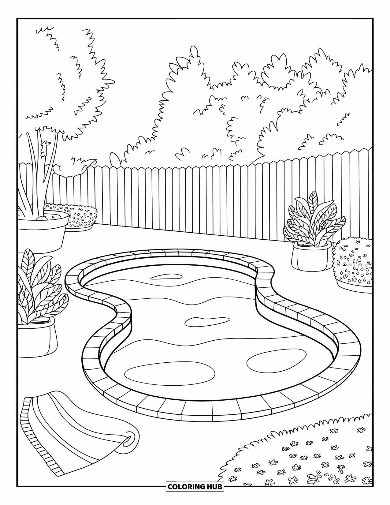 Pool Coloring Page for Kids: Kidney-shaped pool with potted plants, towel, and a peaceful fenced setting